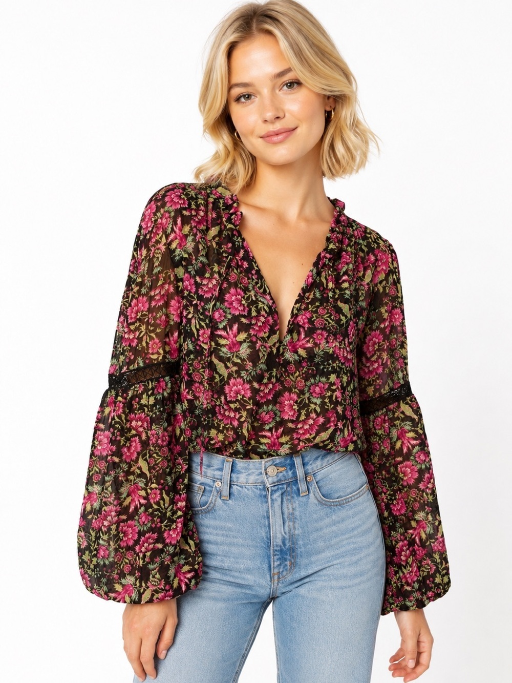 Misa Los Angeles Alicia Floral Flare-Sleeve Blouse Small